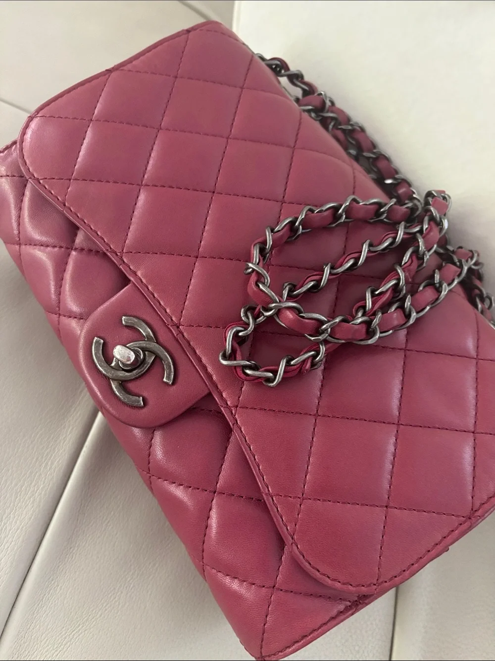 CHANEL Quilted Shoulder Bag in Burgundy Red with Silver Hardware